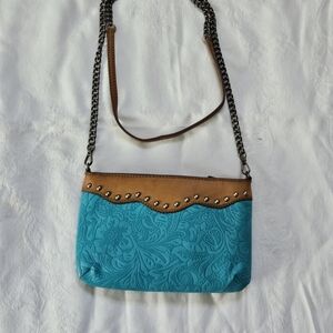 Western Style Teal and Tan Crossbody Bag